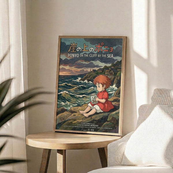 May include: Framed Studio Ghibli Ponyo movie poster propped on round wooden side table next to beige upholstered chair. Poster shows red-haired child in red dress sitting on rocky coastline holding glass jar, with ocean waves and cliffside village in background. Natural lighting creates soft shadows across cream-colored wall. Green plant leaves visible in corner of minimalist room setting.