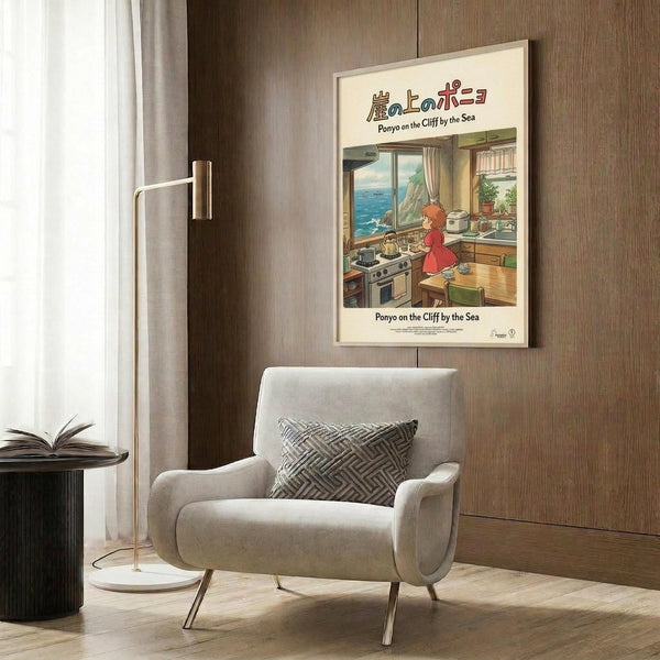 May include: Framed Studio Ghibli poster featuring Ponyo character in red dress cooking in cozy kitchen with ocean view through window, displayed on wood-paneled wall above cream upholstered armchair with geometric patterned pillow, next to brass floor lamp and dark round side table with open book
