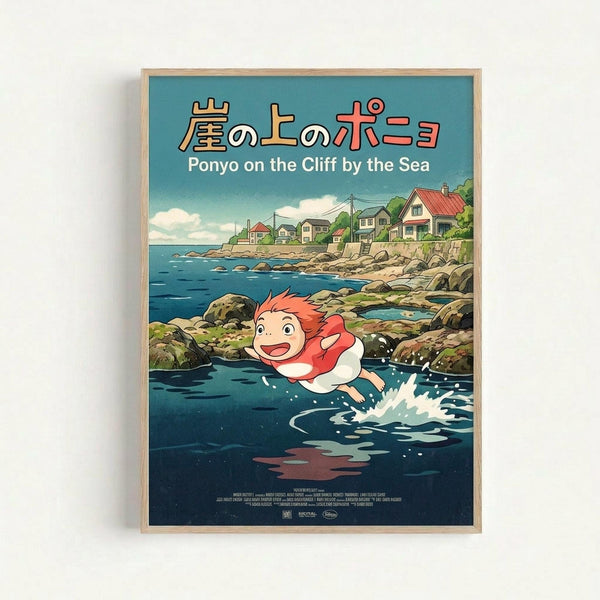 Framed poster featuring Ponyo, the red-haired fish girl character, running on water near a rocky coastline. The artwork shows a charming seaside village with colorful houses perched on cliffs in the background. Japanese text appears at the top with English translation "Ponyo on the Cliff by the Sea" below. The illustration uses vibrant blues for the ocean, warm earth tones for the rocks, and bright colors for the character and buildings in classic Studio Ghibli animation style.