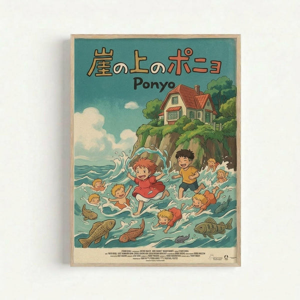 A framed vintage-style poster featuring anime characters swimming in turquoise ocean waves. The main character, a girl with reddish hair in a red dress, splashes in the center surrounded by several blonde children. Fish swim below them in the water. Above, a quaint house with an orange roof sits on a cliff covered in lush green vegetation against a blue sky with white clouds. Japanese text and "Ponyo" appear at the top in yellow lettering. The poster has a light wooden frame.