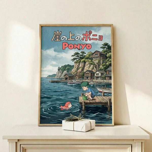 May include: Framed Studio Ghibli Ponyo poster displayed on light wood shelf against white wall. Artwork shows anime-style coastal scene with boy sitting on wooden dock, red-haired girl swimming in blue water, and traditional Japanese buildings on clifftop. Small white gift box with twine sits in front of frame. Natural lighting creates soft shadows on minimalist home decor setting.