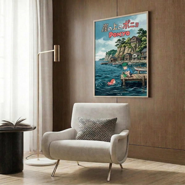 May include: Studio Ghibli Ponyo movie poster in light wood frame hung on wood paneled wall above beige upholstered chair with geometric pillow. Poster shows anime-style seaside village with boy on wooden dock, red fish in blue water, and Japanese text. Modern living room setting with brass floor lamp, open book on dark side table, and white curtains.