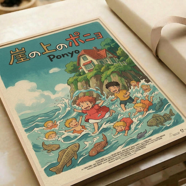 May include: Studio Ghibli-style vintage poster print displayed on white surface beside rolled papers. Illustration shows children swimming in turquoise ocean waves with fish, featuring a red-haired girl in red dress as central character. Japanese text at top reads "崖の上のポニョ Ponyo" in orange lettering. Scenic background includes green cliffside house and trees under blue sky with white clouds. Art style mimics classic anime animation with soft colors and whimsical details.