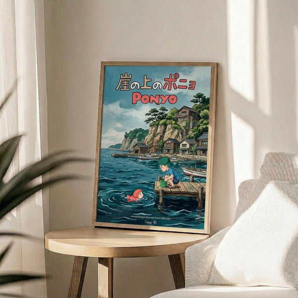 May include: Framed Ponyo movie poster in thin wooden frame displayed on round wooden side table next to beige upholstered chair. Poster features blue ocean scene with red-haired fish character swimming near wooden dock where boy sits. Japanese text at top in red and black lettering. Coastal village with traditional houses and cliffs visible in background. Soft natural lighting creates shadows across white wall. Green plant leaves partially visible in corner.