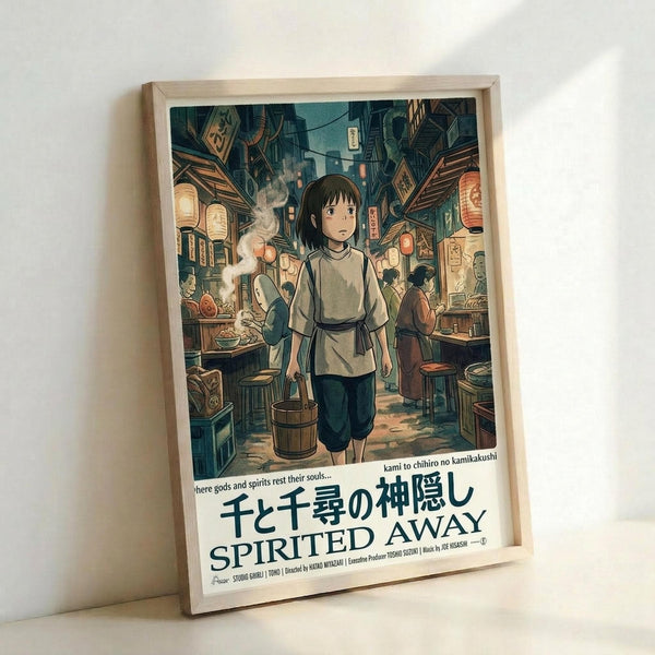May include: Framed poster print leaning against white wall showing anime-style illustration of young girl with dark hair in traditional Japanese clothing holding wooden bucket, standing in bustling street market with lanterns, food stalls, and people. Features Japanese text and "Spirited Away" title at bottom. Light wood frame, warm teal and orange color palette with detailed architectural elements and atmospheric lighting throughout busy marketplace scene.