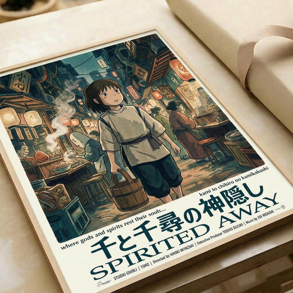 May include: Vintage-style poster print featuring anime illustration of young girl with black hair in white and blue clothing standing in bustling Japanese street market scene with food stalls, lanterns, and traditional signage. Poster displayed on white surface next to rolled paper tube, showing detailed artwork in muted teal, brown, and orange tones with Japanese and English text at bottom.