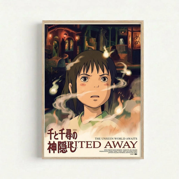 May include: Framed poster featuring anime character Chihiro from Spirited Away with short brown hair and worried expression, surrounded by swirling white spirits. Background shows mystical bathhouse interior with warm orange and green lighting, arched doorways and traditional architecture. Japanese and English text at bottom reads "Spirited Away" with "The Unseen World Awaits" tagline. Light wood frame against white wall.