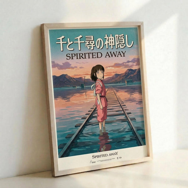 Framed poster featuring anime-style artwork of a young girl in a red outfit standing on flooded railway tracks. The scene shows a twilight sky with purple and orange clouds over distant mountains, with water reflecting the sky and tracks. Japanese text and "Spirited Away" appear at the top in white letters against the teal-to-pink gradient sky. The poster is displayed in a light wood frame leaning against a white wall.