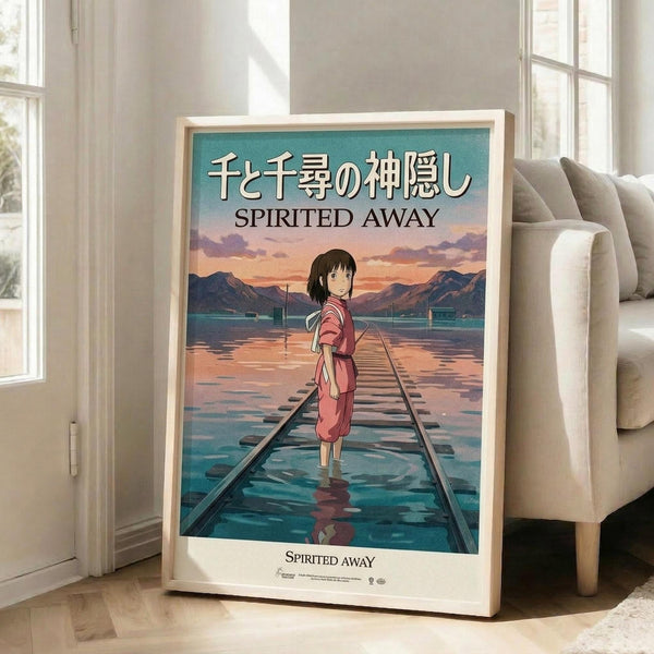 May include: Framed poster of animated character in red dress standing on flooded railway tracks at sunset, with Japanese and English text reading "Spirited Away." Poster leans against white wall next to beige upholstered chair in bright living room with large windows. Art features turquoise water, purple-orange sky, and mountains in background.