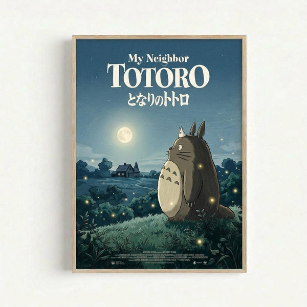 Framed movie poster featuring Totoro, a large gray forest spirit character, sitting in a moonlit countryside landscape. The scene shows rolling green hills dotted with glowing fireflies, small houses in the distance, and a full moon in a twilight blue sky. White title text appears at the top in English and Japanese characters. The poster has a wooden frame and is displayed against a white wall.