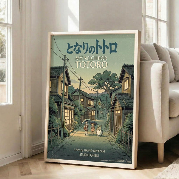 May include: Large framed poster leaning against white wall next to beige sofa in bright living room. Poster shows Japanese village scene with traditional houses, power lines, large tree, and three small figures including Totoro character walking on dirt path. Green and yellow tones with Japanese text at top, English title "My Neighbor Totoro" and Studio Ghibli credit below. Natural wood frame, approximately 2-3 feet tall.
