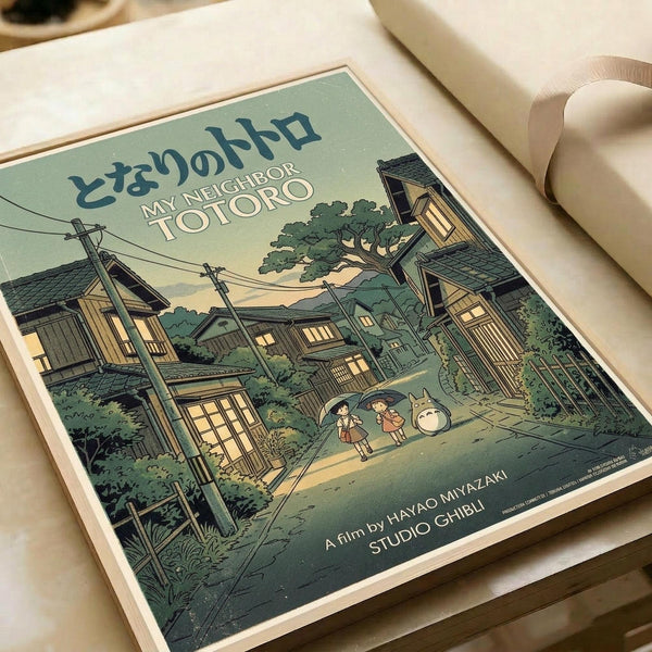 My Neighbor Totoro vintage-style poster print featuring Japanese characters and English text at top, illustrated scene of traditional Japanese neighborhood with wooden houses, power lines, and trees in muted green and brown tones. Two small children with umbrella stand on a path next to large white Totoro character. Studio Ghibli and Hayao Miyazaki credits appear at bottom. Print shown flat on white surface with rolled paper tube nearby.