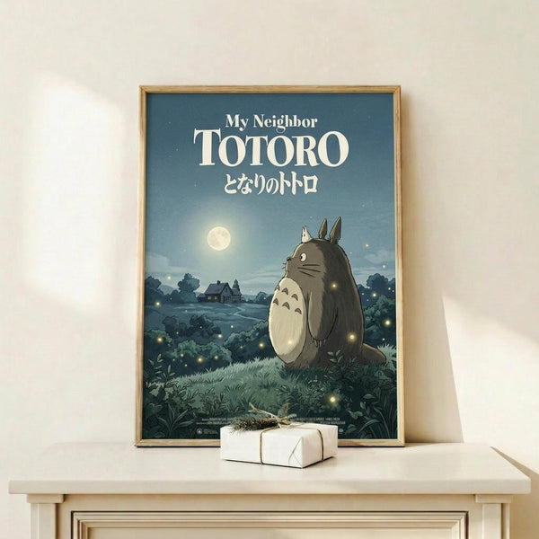 May include: Framed poster featuring Totoro character standing in moonlit countryside with glowing fireflies, houses in background, and Japanese text. Blue-green evening sky with full moon. Natural wood frame displayed on light wooden shelf beside small wrapped white gift box against cream wall.