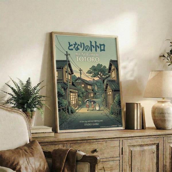 May include: Framed Studio Ghibli My Neighbor Totoro movie poster displayed on rustic wooden sideboard in cozy living room setting. Poster features Japanese village scene with traditional houses, power lines, large tree, and small figures including Totoro character in muted green and beige tones. Scene includes fern plant, ceramic vase, books, and brown leather furniture creating warm, nostalgic atmosphere with natural lighting.