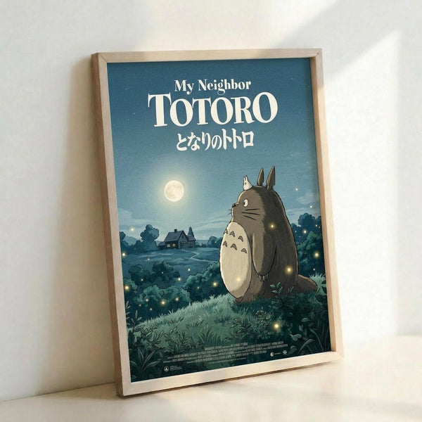 May include: Framed poster print in light wood frame leaning against white wall. Features Totoro character standing in moonlit countryside scene with glowing fireflies, houses in distance, and full moon in blue-green night sky. Title text "My Neighbor TOTORO" in white letters with Japanese characters below. Soft lighting creates gentle shadows on wall.
