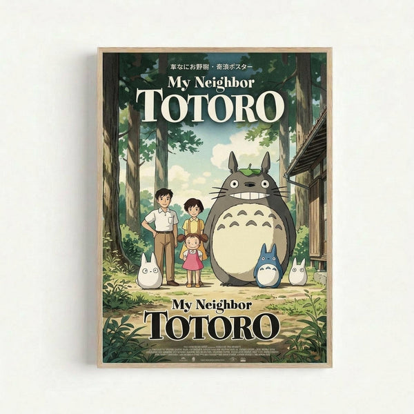 Framed poster showing animated characters from Studio Ghibli's My Neighbor Totoro. The artwork features a large gray forest spirit Totoro with white belly and leaf on head, standing with two children and smaller white Totoro creatures in a lush green woodland setting near a traditional Japanese house. The illustration has warm, soft colors with detailed trees and foliage. Movie title appears twice in white text against the forest background. Light wood frame against white wall.