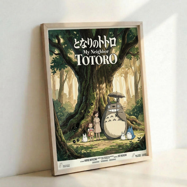 May include: Framed poster artwork featuring Studio Ghibli characters in an enchanted forest scene. Two children stand beside the iconic large gray Totoro holding a leaf umbrella, with smaller white forest spirits nearby. The illustration shows a magical woodland setting with towering ancient trees, dappled sunlight, and lush green foliage. Japanese text appears at the top with English "My Neighbor Totoro" below. The poster is displayed in a light wooden frame against a white wall.