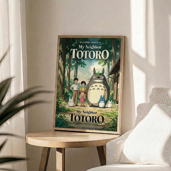 May include: Framed My Neighbor Totoro movie poster displayed on a round wooden side table next to a beige upholstered chair. The poster features the iconic gray Totoro character with children in a lush green forest setting. Natural lighting creates soft shadows across the minimalist room with white walls and a potted plant visible in the corner.