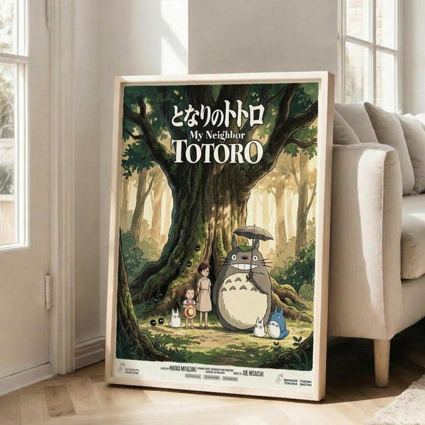 May include: Framed Studio Ghibli movie poster leaning against white wall next to beige sofa in bright room with windows. Poster shows Totoro character with umbrella standing beside two children under large forest tree, rendered in green and golden tones with Japanese text at top.