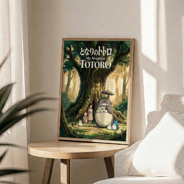 May include: Framed My Neighbor Totoro movie poster displayed on a round wooden side table next to a beige upholstered chair. The poster shows Totoro and children under a large tree in a sunlit forest scene with Japanese text at the top. Natural lighting creates soft shadows across the neutral-toned room setting with a plant visible in the corner.