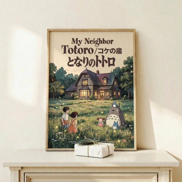 May include: Framed poster print featuring animated characters including a large gray Totoro and children in a grassy meadow with fireflies, traditional house in background, Japanese text below English title. Light wood frame sits on white wooden shelf next to small white gift box against cream wall.