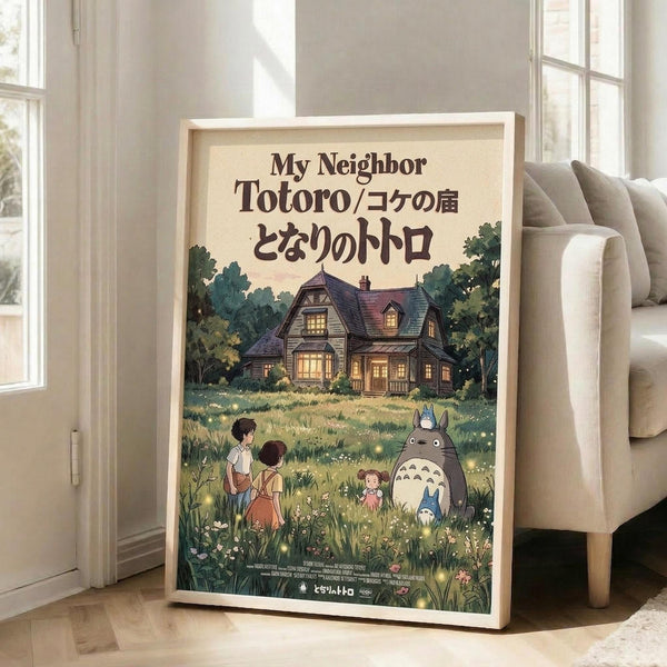May include: Framed poster displaying animated scene with large gray forest creature, children, and house in background, leaning against white wall next to beige couch in bright living room with hardwood floors and large windows