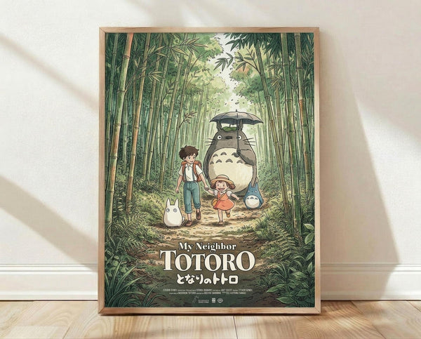 May include: Framed poster print featuring animated characters in a lush bamboo forest path. Large gray creature with umbrella stands behind two children and small white creatures. Vibrant green foliage surrounds dirt pathway. Japanese text appears below English title. Natural wood frame against white wall with soft shadows on light wooden floor.