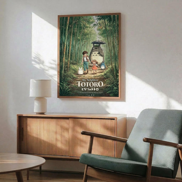 May include: Framed Studio Ghibli My Neighbor Totoro poster displayed above wooden sideboard in modern living room. Artwork shows children with large gray forest creature holding umbrella in lush green bamboo forest. Warm natural lighting illuminates mint green upholstered chair with wooden arms and small table lamp on credenza.