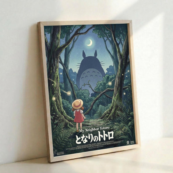 May include: Framed poster in light wood frame leaning against white wall. Artwork shows nighttime forest scene with large Totoro silhouette among moss-covered trees under crescent moon. Small girl in red dress and hat stands on forest path looking up. Fireflies glow throughout dark green foliage. Japanese and English text at bottom. Vintage movie poster aesthetic with blue-green color palette.