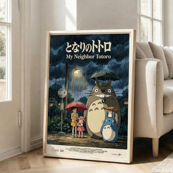 May include: Framed Studio Ghibli My Neighbor Totoro movie poster leaning against white wall next to beige sofa in bright living room. Poster shows iconic rainy bus stop scene with large gray Totoro holding umbrella, two children with red umbrellas, and smaller blue Totoro. Japanese text at top with English title below. Dark stormy sky with street lamp creates atmospheric lighting. Light wood frame complements minimal home decor setting.