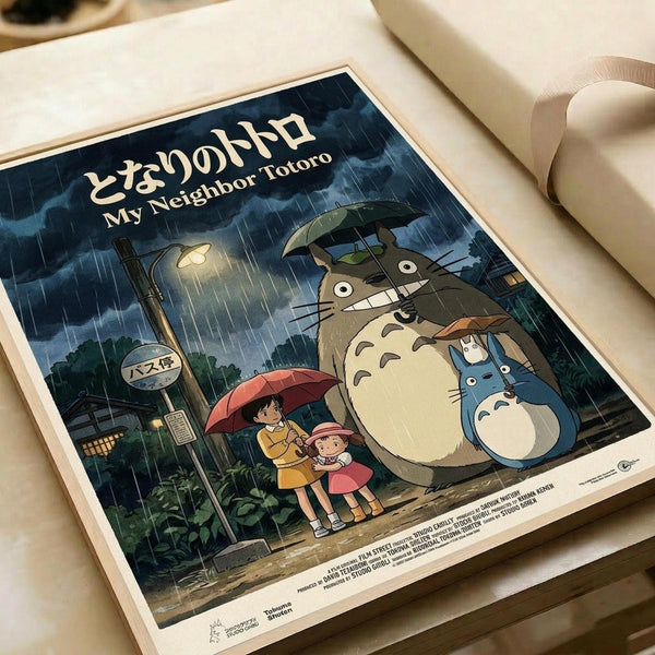 An illustrated poster featuring characters from My Neighbor Totoro standing at a rainy bus stop. Two children with umbrellas wait beside large Totoro creatures under a street lamp, with Japanese text at the top. The poster has a cream border and sits on white paper with rolled edges visible, creating soft shadows on a neutral surface.