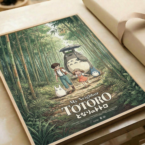 May include: A framed poster featuring characters from My Neighbor Totoro walking through a lush bamboo forest path. The artwork shows two children and the iconic gray Totoro character with an umbrella, surrounded by tall green bamboo stalks and forest vegetation. The poster has a vintage illustrated style with muted earth tones and is displayed on a light wooden surface next to white fabric.