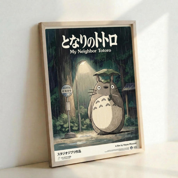 May include: Framed Studio Ghibli movie poster featuring Totoro standing at a rainy bus stop holding a leaf umbrella, with Japanese text and "My Neighbor Totoro" title. The artwork shows the beloved forest spirit in muted greens and grays with falling rain, displayed in a light wood frame against a white wall.
