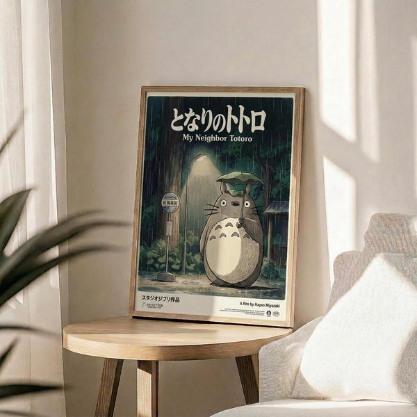 May include: Framed vintage Japanese movie poster featuring beloved forest creature Totoro standing at rainy bus stop with umbrella, displayed on round wooden side table next to beige upholstered chair. Soft natural lighting creates gentle shadows across cream walls, with green plant leaves visible in corner, creating cozy home decor scene.