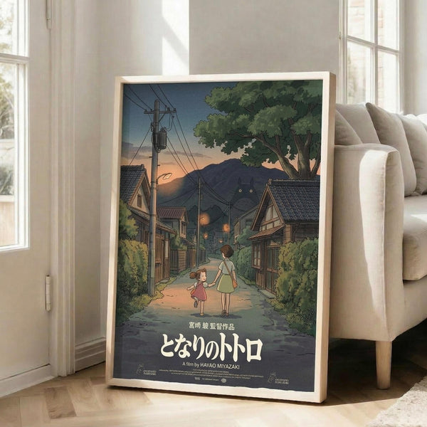 May include: Framed Studio Ghibli movie poster showing two children walking down a traditional Japanese village street at twilight. The anime-style artwork features wooden houses with tiled roofs, power lines, lush green trees, and mountains in the background under an orange-pink sunset sky. Japanese text appears at the bottom. The light wood frame leans against a white wall next to a beige sectional sofa in a bright, minimalist living room with large windows.