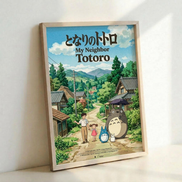 May include: A framed Studio Ghibli My Neighbor Totoro movie poster in a light wood frame, leaning against a white wall. The colorful illustrated poster shows characters including large gray Totoro, smaller blue Totoro, white rabbit, and two children standing on a dirt path through a lush green Japanese village with traditional houses, trees, mountains, and blue sky with white clouds.