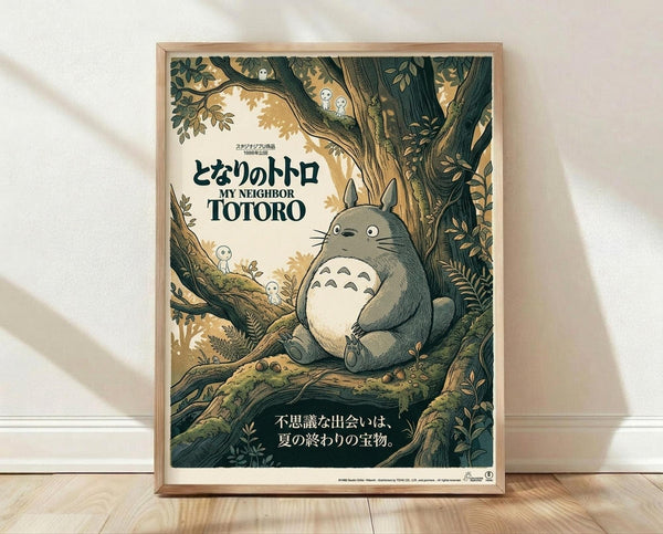 May include: A framed vintage-style poster featuring Totoro, the beloved forest spirit character, sitting peacefully among large tree branches with small white spirits nearby. The artwork uses muted earth tones of green, brown, and cream with Japanese text. The poster is displayed in a natural wood frame against a white wall on light wooden flooring, with soft natural lighting creating gentle shadows.