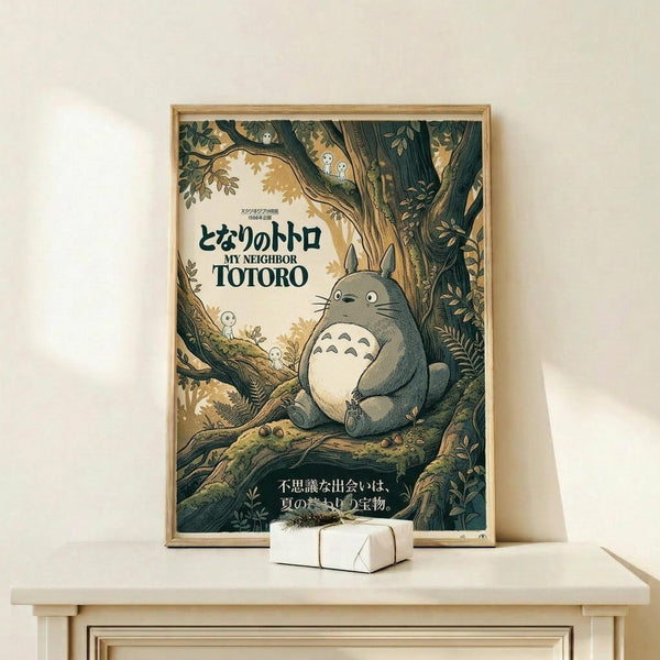 May include: Framed poster featuring Totoro sitting on tree branch in forest setting with small white spirits, displayed on light wood shelf next to small white decorative box. Japanese text and "My Neighbor Totoro" title visible. Earthy green and brown color palette with detailed illustration style in natural wood frame against white wall.