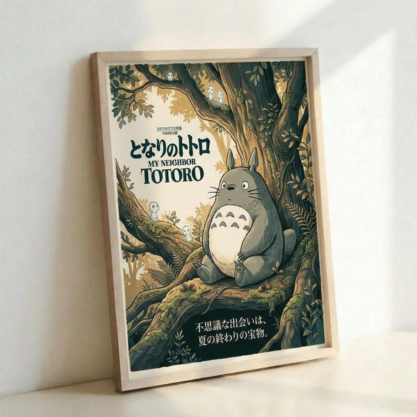 May include: Framed vintage-style My Neighbor Totoro poster leaning against white wall. Features Totoro character sitting in detailed tree branches with small white forest spirits, rendered in muted greens and warm earth tones. Japanese text at top, additional text at bottom. Natural wood frame, warm lighting creates gentle shadows on wall.