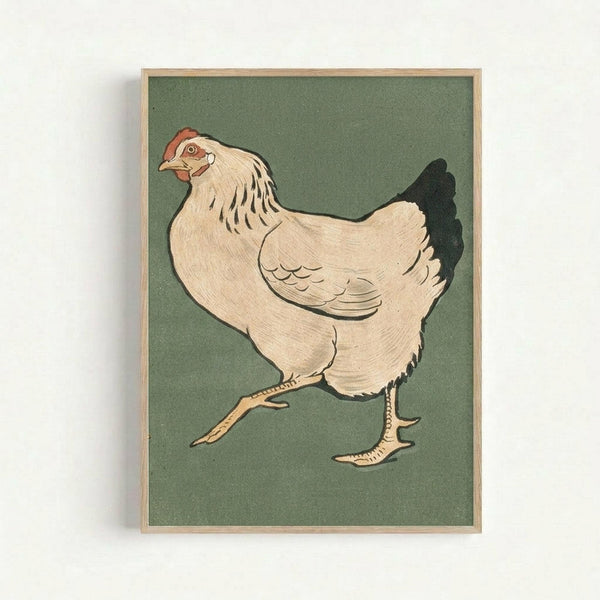 Framed vintage Japanese woodblock print of a white hen with red comb and black tail feathers walking against a muted green background. The artwork shows detailed line work and natural coloring in traditional Asian art style, displayed in a light wood frame on a white wall.