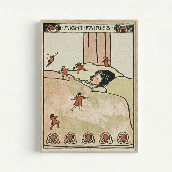 Vintage children's book illustration showing a sleeping child in bed surrounded by small red-clad fairies. The fairies appear to be dancing and playing around the bedroom, with some swinging from curtain cords and others positioned on the bed and floor. The artwork features muted earth tones with decorative Art Nouveau-style border elements at the top and bottom. The illustration has a whimsical, early 1900s storybook aesthetic with "Night Fairies" text at the top.
