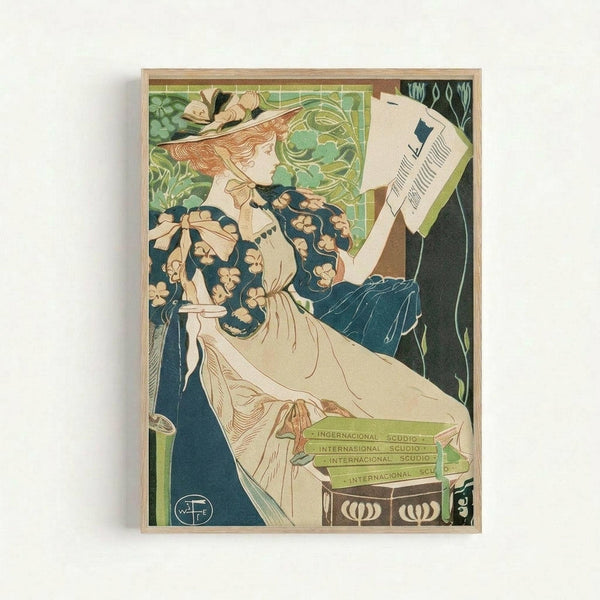 Vintage Art Nouveau poster featuring an elegant woman in a flowing white dress and decorative hat with flowers, holding papers or documents. She's seated in an ornate chair with floral patterns against a green background with stylized botanical motifs. The artwork displays the characteristic curved lines and organic forms of the Art Nouveau style, rendered in muted greens, blues, and cream tones with decorative typography elements visible at the bottom.