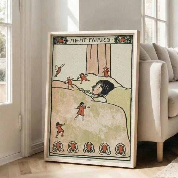 May include: Vintage 1910 children's book illustration poster in light wood frame, leaning against white wall near beige upholstered chair. Art shows sleeping child in bed with small red-dressed fairies climbing curtain cords and playing nearby. Soft earth tones with decorative border featuring oval motifs. Natural lighting from windows creates warm, cozy nursery atmosphere.