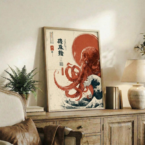 May include: Framed Japanese-style artwork featuring a red octopus with curling tentacles positioned above stylized blue and white ocean waves, set against a cream background with Japanese text and a red sun. The wooden-framed print leans against white wall on rustic wood sideboard, surrounded by potted fern, ceramic vases, stacked books, and brown leather chair in warm, naturally-lit living room setting.