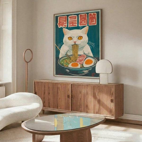 May include: A framed poster featuring a white cat with golden eyes eating ramen noodles from a blue bowl, with red Japanese text above on a teal background. The artwork hangs above a mid-century modern walnut credenza with brass handles in a bright living room with white walls, alongside a cream sculptural chair and glass-top oval coffee table.