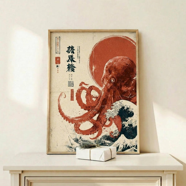 May include: Framed Japanese-style artwork featuring a large red octopus with flowing tentacles emerging from ocean waves, combining traditional ukiyo-e wave motifs with bold red coloring against cream background. Black Japanese text appears in upper left corner. Print displayed on light wood shelf against white wall with small white geometric objects nearby.