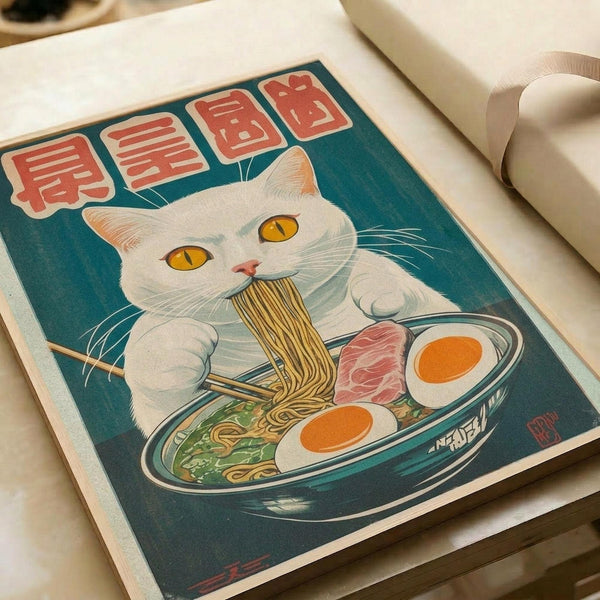 May include: Vintage-style poster print featuring a white cat with golden eyes eating ramen noodles with chopsticks from a blue bowl containing eggs, meat, and vegetables. Red Japanese characters appear at the top against a teal background. The artwork is displayed on white paper with rolled paper tubes visible in the background, showing the print's flat poster format.