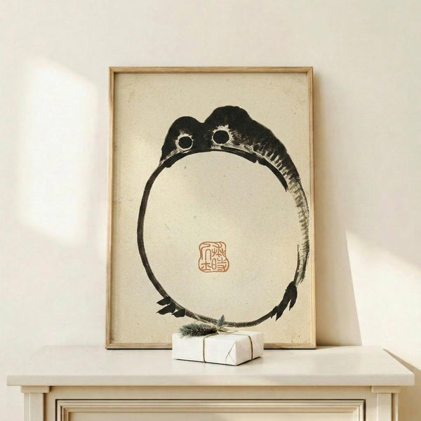 May include: Framed Japanese ink painting of a minimalist frog in black brushstrokes forming a circular shape with googly eyes and webbed feet, featuring a red square seal stamp, displayed on light wood shelf next to small white gift box with evergreen sprig against cream wall