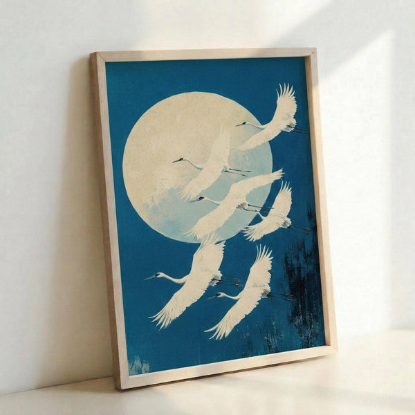 May include: Framed vintage Japanese woodblock print featuring white cranes flying against a deep blue sky with large pale moon. The birds have outstretched wings with detailed feathers, long necks, and are arranged in a graceful composition. Print has subtle textural elements and gradient shading. Natural wood frame sits propped against white wall, showing dimensional depth and museum-quality presentation.