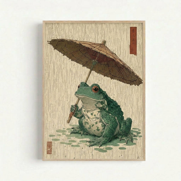 A framed print featuring a green frog sitting upright while holding a traditional paper umbrella during rainfall. The artwork displays a Japanese woodblock print aesthetic with fine vertical rain lines covering the background, earth-toned umbrella with geometric patterns, and the frog rendered in detailed green and cream colors with prominent orange eyes. Red Japanese characters appear in the upper right corner and a small seal mark in the lower left. The piece is mounted in a light wooden frame